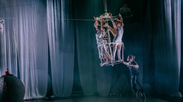 Cirque - Knitting Peace - Des artistes sur une structure en fils 